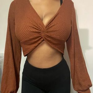 SHEIN XL Cropped Long Sleeve Front Knotted Blouse